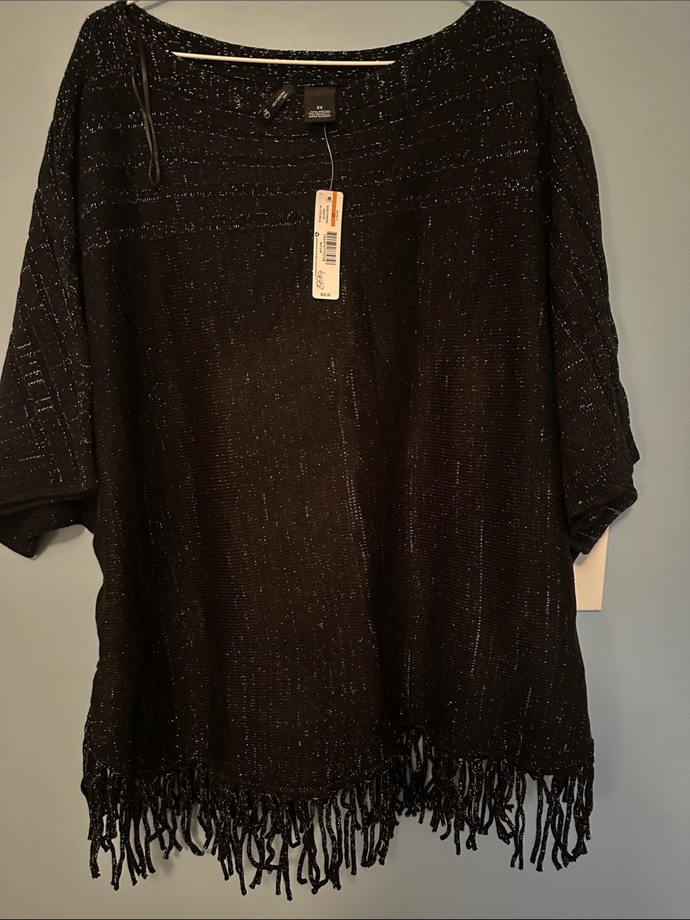 Black Knit Fringe Pullover with Metallic Thread